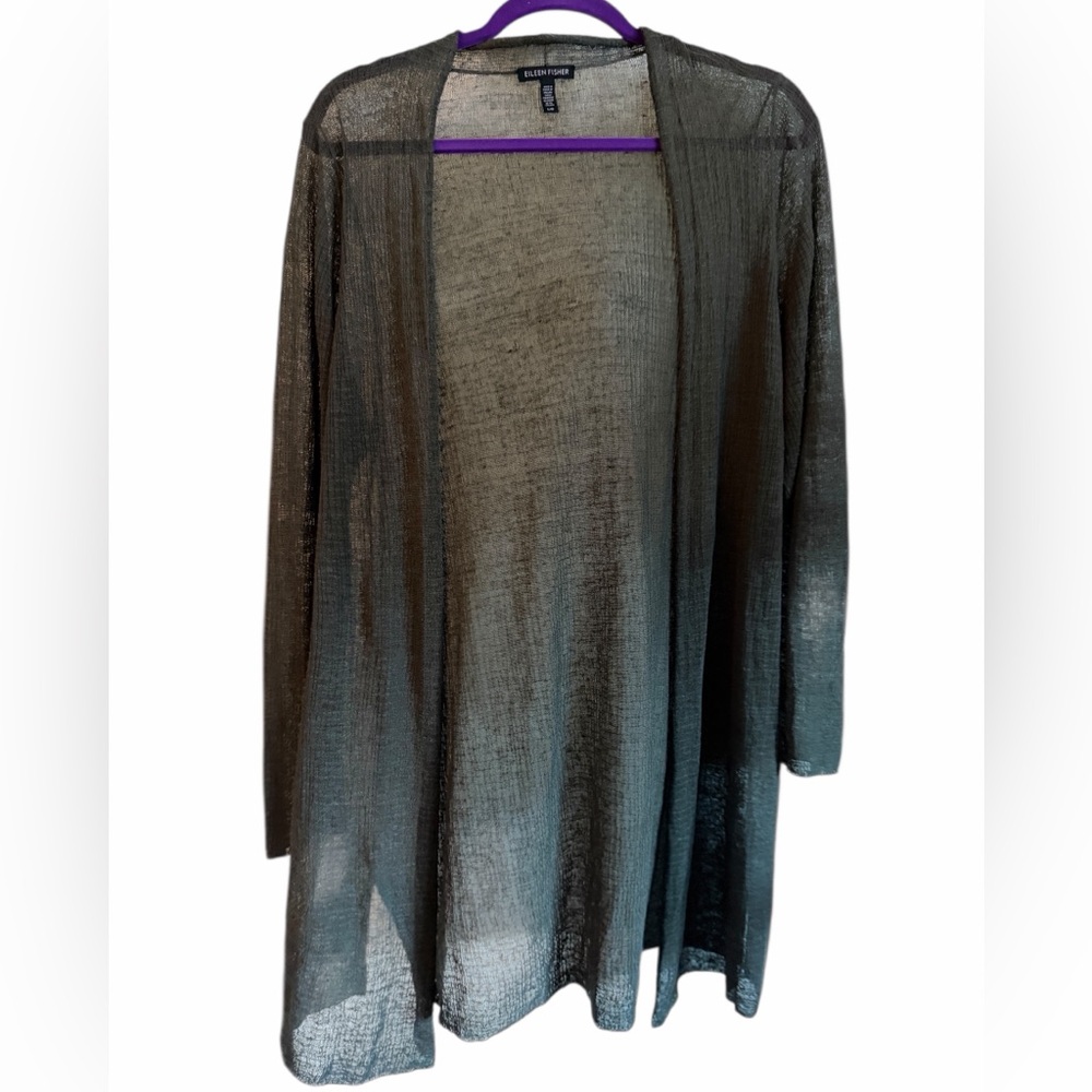 Eileen Fisher Green Gray Sheer Italian Hemp Grid Sweater Cardigan Size Large